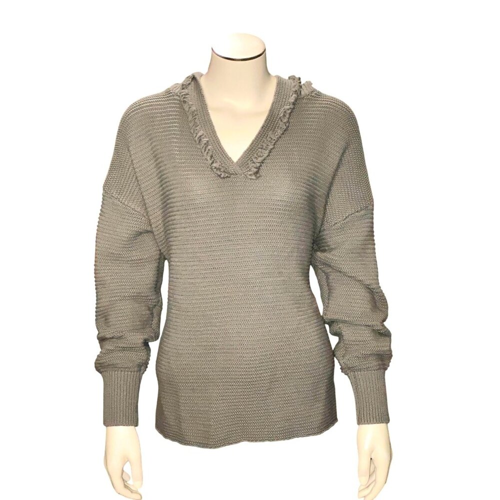 CCC Long Sleeve Hoodie Ribbed Cozy Gray Knit Pullover Sweater Fringed V Neck LG
